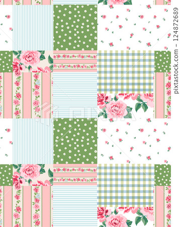 Cute patchwork floral pattern with floral, geometric and handcrafted motifs. Boho style pattern for textiles and decor Cute patchwork floral pattern with floral, geometric and handcrafted motifs. Boho style pattern for textiles and decor 124872689