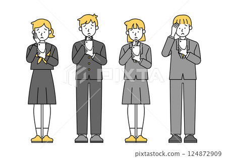 Vector illustration set of a student having trouble with a smartphone. Student, school uniform, sailor suit, blazer, question, student discount, trouble Vector illustration set of a student having trouble with a smartphone. Student, school uniform, sailor suit, blazer, question, student discount, trouble 124872909