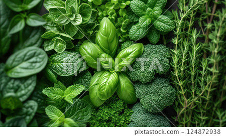 Green banner with different green organic herbs. 124872938