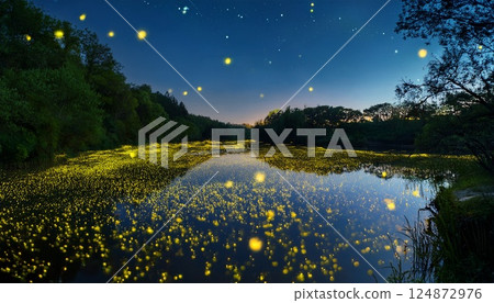 3D illustration of countless firefly lights flying over a river on a starry night 124872976