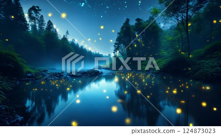 3D illustration of countless firefly lights flying over a river on a starry night 124873023