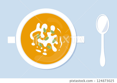Pumpkin soup garnished with cream and pumpkin seeds. Soup bowl with spoon. Vector illustration top table view. 124873025