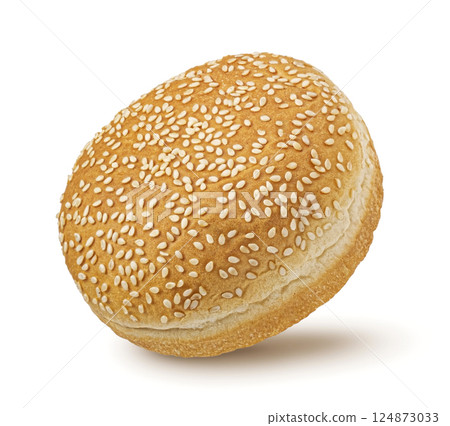 Burger bun with sesame seeds isolated on white background with clipping path, full depth of field 124873033