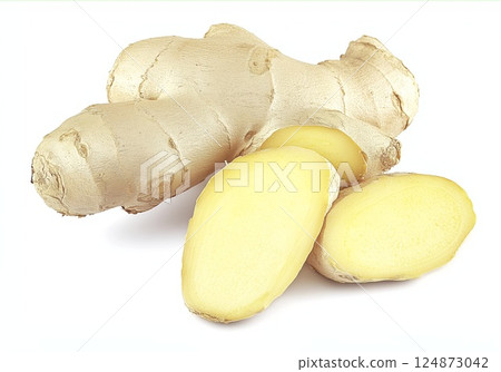 Fresh ginger root slices isolated on white background with clipping path 124873042