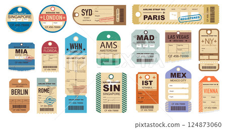 Editable Vintage Luggage Tags, Tickets. Retro Travel Label Vector Illustration Set Editable Vintage Luggage Tags, Tickets. Retro Travel Label Vector Illustration Set 124873060