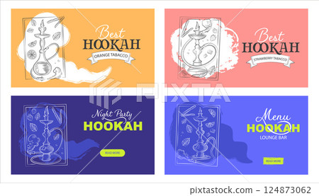Hookah Banner Vector Set. Editable Templates for Bars, Lounges, and Clubs in a handdrawn vecor illustration Hookah Banner Vector Set. Editable Templates for Bars, Lounges, and Clubs in a handdrawn vecor illustration 124873062
