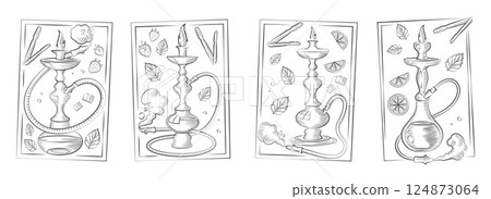 Hand Drawn Hookah Vector Set. Decorative Shisha with Fruits and Accessories in a vector illustration. 124873064