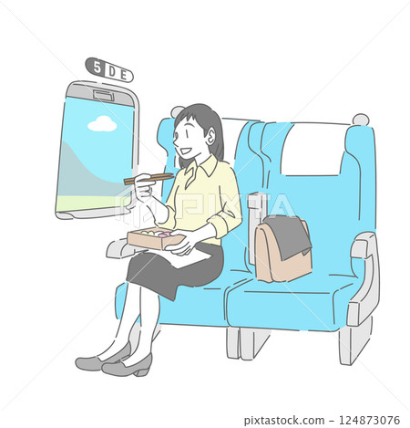 A woman eating bento on a Shinkansen train seat A woman eating bento on a Shinkansen train seat 124873076