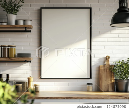 Empty frame in modern kitchen interior with warm natural light, mock up poster 124873098
