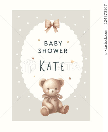 Watercolor New born baby shower invitation. Greeting card with baby toys and accessories. 124873167