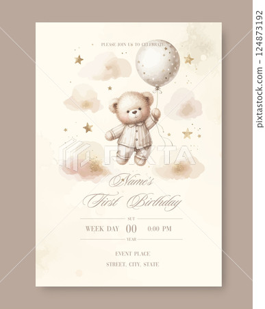 First birthday watercolor invitation card for celebration. With plush teddy bear with balloon around clouds and stars. First birthday watercolor invitation card for celebration. With plush teddy bear with balloon around clouds and stars. 124873192