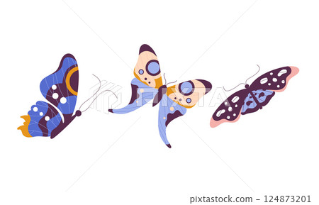 Butterflies Fluttering with Wings and Floral Twigs Vector Set Butterflies Fluttering with Wings and Floral Twigs Vector Set 124873201