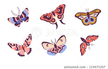 Butterflies Fluttering with Wings and Floral Twigs Vector Set 124873207