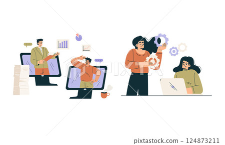 Business Concept with Man and Woman Character Engaged in Workflow Deal with Project Vector Set Business Concept with Man and Woman Character Engaged in Workflow Deal with Project Vector Set 124873211