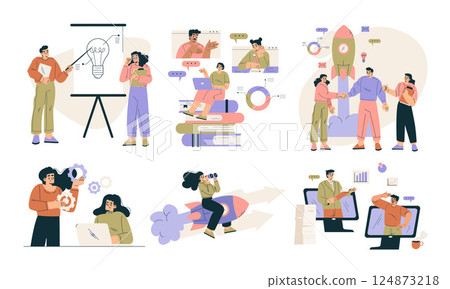 Business Concept with Man and Woman Character Engaged in Workflow Deal with Project Vector Set 124873218