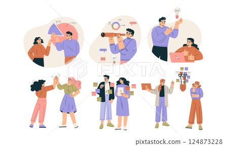 Business Concept with Man and Woman Character Engaged in Workflow Deal with Project Vector Set 124873228