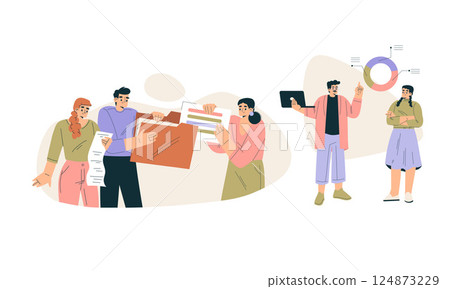 Business Concept with Man and Woman Character Engaged in Workflow Deal with Project Vector Set 124873229