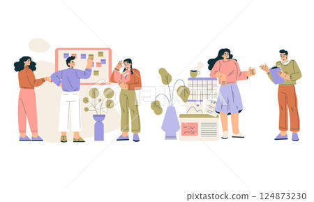 Business Concept with Man and Woman Character Engaged in Workflow Deal with Project Vector Set 124873230