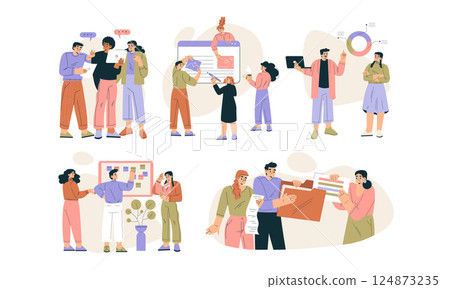 Business Concept with Man and Woman Character Engaged in Workflow Deal with Project Vector Set 124873235