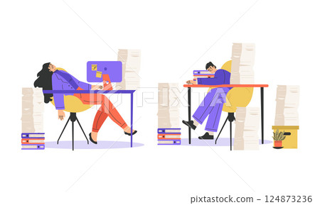 Office Bureaucracy with People Characters Having Loads of Paperwork Vector Set 124873236