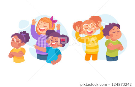 Angry Kids Bullying and Abusing the Weak Agemate Teasing and Laughing at Them Vector Set 124873242