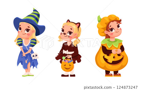 A cheerful and cute illustration showcasing kids in playful Halloween costumes for festivities A cheerful and cute illustration showcasing kids in playful Halloween costumes for festivities 124873247