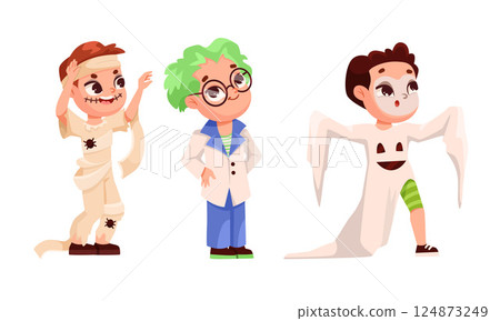 Explore a variety of fun and exciting Halloween costume characters designed in a pixel art style 124873249