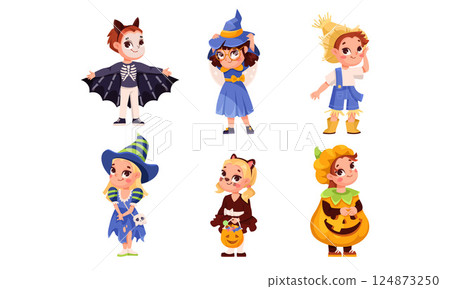 Adorable Pixel Art Halloween Characters Dressed in Costumes for Children to Enjoy 124873250