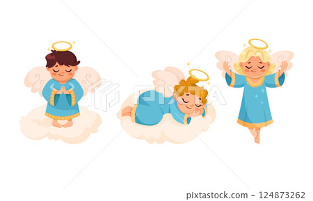 Cute Children Angels with Wings and Nimbus Vector Set Cute Children Angels with Wings and Nimbus Vector Set 124873262