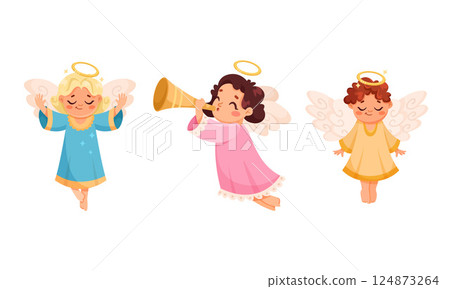 Cute Children Angels with Wings and Nimbus Vector Set Cute Children Angels with Wings and Nimbus Vector Set 124873264