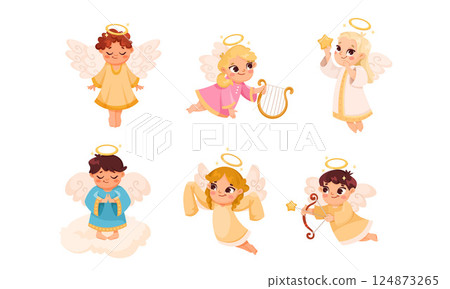 Cute Children Angels with Wings and Nimbus Vector Set Cute Children Angels with Wings and Nimbus Vector Set 124873265