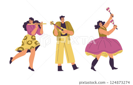 Brazilian Festival with People Dancing and Playing Musical Instrument Vector Set 124873274
