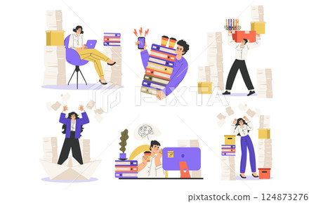 Office Bureaucracy with People Characters Having Loads of Paperwork Vector Set 124873276