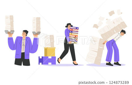 Office Bureaucracy with People Characters Having Loads of Paperwork Vector Set 124873289