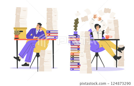 Office Bureaucracy with People Characters Having Loads of Paperwork Vector Set 124873290