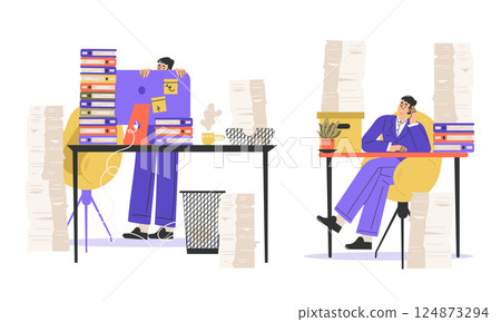 Office Bureaucracy with People Characters Having Loads of Paperwork Vector Set 124873294