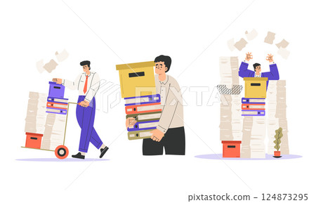 Office Bureaucracy with People Characters Having Loads of Paperwork Vector Set 124873295