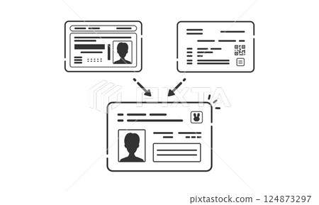 將駕駛執照和健康保險卡註冊並連結到我的號碼卡的插圖（向量、線條畫、黑白） 124873297
