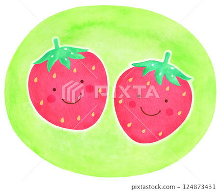 Hand-drawn cute strawberries (yellow-green background) Hand-drawn cute strawberries (yellow-green background) 124873431