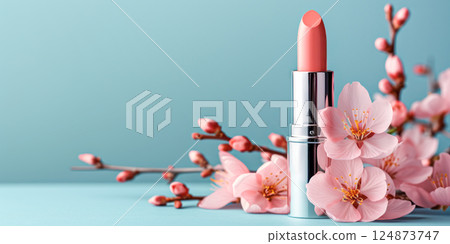 Pink color lipstick with same color beautiful flowers. Pink color lipstick with same color beautiful flowers. 124873747