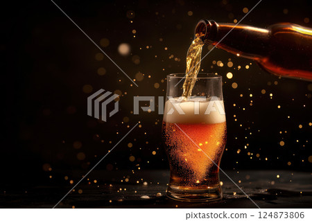 Light beer foams and pouring from bottle in glass on dark background. 124873806