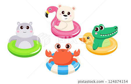 Cute animals in inflatable summer clip art Cute animals in inflatable summer clip art 124874154