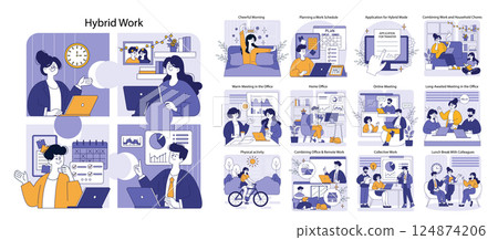 Hybrid work concept embraces remote and in-office collaboration, demonstrating various settings and activities. It highlights work-life balance, effective communication, and productivity in diverse 124874206