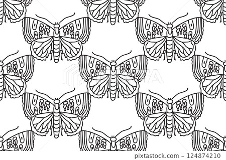 Line art botanical butterflies seamless pattern vector illustration. Outline repeating doodle butterfly in white background. Graphic design for Fashion Cover Textile Coloring Page Birthday Card Print Line art botanical butterflies seamless pattern vector illustration. Outline repeating doodle butterfly in white background. Graphic design for Fashion Cover Textile Coloring Page Birthday Card Print 124874210