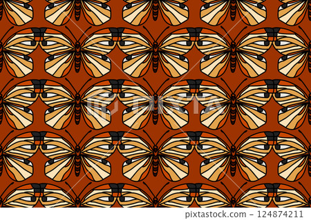 Botanical butterflies seamless pattern vector illustration. Repeating hand drawn colorful butterfly in brown background. Graphic design for Fashion Cover Textile Wedding Birthday Greeting Card Print Botanical butterflies seamless pattern vector illustration. Repeating hand drawn colorful butterfly in brown background. Graphic design for Fashion Cover Textile Wedding Birthday Greeting Card Print 124874211