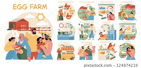 Egg Farm illustration showcases the various aspects of egg production, from choosing breeds and ensuring animal welfare to marketing and sales. Each stage emphasizes sustainability and family Egg Farm illustration showcases the various aspects of egg production, from choosing breeds and ensuring animal welfare to marketing and sales. Each stage emphasizes sustainability and family 124874219