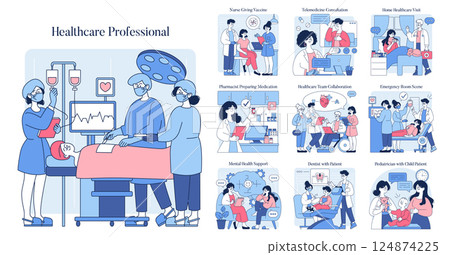 Healthcare Professional concept. This illustration highlights various aspects of healthcare, showcasing interactions between medical staff and patients. It includes moments from vaccination to Healthcare Professional concept. This illustration highlights various aspects of healthcare, showcasing interactions between medical staff and patients. It includes moments from vaccination to 124874225