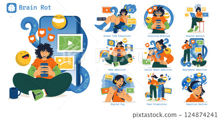 Brain Rot concept. This illustration explores the impacts of excessive screen time, such as digital burnout and cognitive decline. It showcases addiction to social media, scrolling overload, and more Brain Rot concept. This illustration explores the impacts of excessive screen time, such as digital burnout and cognitive decline. It showcases addiction to social media, scrolling overload, and more 124874241
