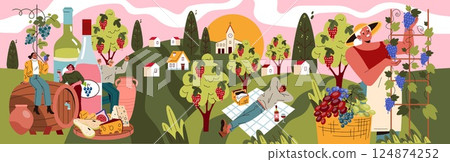 National Wine Day celebration illustration featuring people enjoying wine in a vibrant vineyard landscape with bottles, grapes, and cheese. 124874252