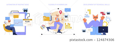 AI in the workplace revolutionizes productivity through automation, flexible workflows, and skill development. This illustration encapsulates the transformative impact on modern work environments. AI in the workplace revolutionizes productivity through automation, flexible workflows, and skill development. This illustration encapsulates the transformative impact on modern work environments. 124874306